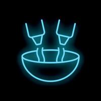Neon icon of chopsticks picking food from bowl on black background vector
