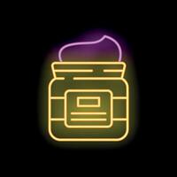 Neon icon of open cosmetic cream jar glowing on black background vector