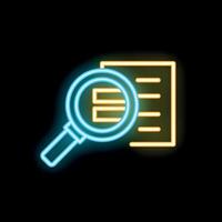 Neon icon of magnifying glass examining document for information research vector