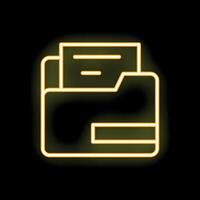 Neon yellow open folder icon with documents on black background vector