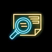 Neon icon of magnifying glass analyzing document for information research vector