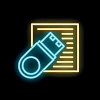 Neon usb flash drive icon transferring data to document vector