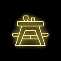 Yellow neon sign showing picnic table with wine and glass on black background vector
