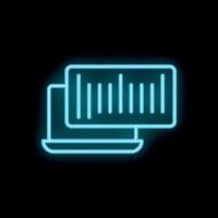 Neon blue icon of a laptop showing a bar chart on black background vector