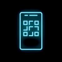 Neon blue smartphone showing qr code on black background vector