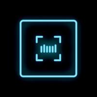 Neon blue qr code scanning icon glowing on black background vector