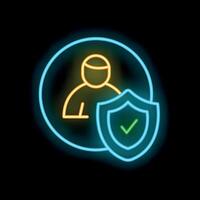Neon icon of person with security shield and check mark vector