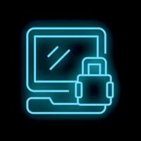 Neon cyber security icon depicting computer secured with lock vector