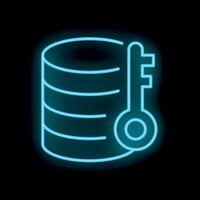 Neon icon of key unlocking database symbolising data security vector