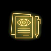 Neon icon of eye on document with pen representing witness statement vector