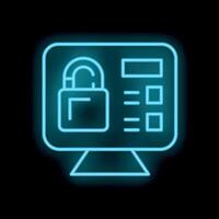 Neon icon of computer displaying closed padlock for secure login vector