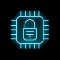 Neon cyber security icon showing microchip with padlock vector