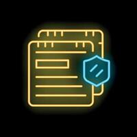 Neon icon of documents being protected by a shield vector