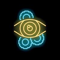 Neon eye watching rotating gears on black background vector