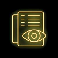 Neon icon of eye watching document with lines of text representing data analysis or research vector