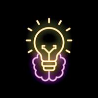 Neon sign representing a glowing light bulb emerging from a brain symbolizing ideas vector