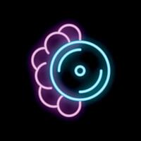 Neon icon of circular saw blade surrounded by bubbles for woodworking and carpentry vector