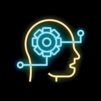 Neon icon of human head with gear mechanism working inside vector