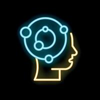 Neon sign representing a head with an atom inside symbolizing mental energy vector