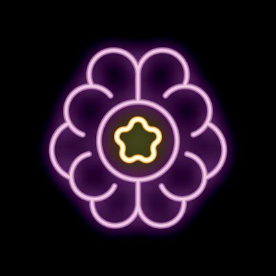 Neon flower shining with purple and yellow light
