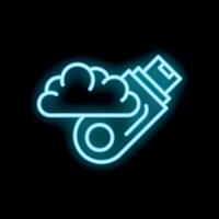 Neon blue usb flash drive uploading data to cloud storage icon vector