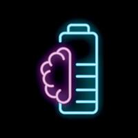 Neon brain charging with battery icon on black background vector