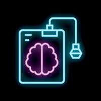 Neon icon of a brain connected to a computer representing artificial intelligence vector