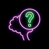 Neon style illustration of human brain with question mark inside suggesting thinking process vector