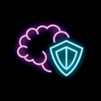 Neon icon of brain secured with shield representing cybersecurity vector