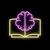 Neon icon of brain glowing over open book representing knowledge vector