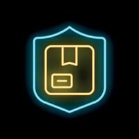 Neon sign representing secure delivery with cardboard box inside shield vector