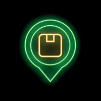 Glowing neon green location pin with cardboard box inside on a black background vector