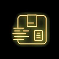 Neon yellow delivery shipping box with label moving right icon graphic on black background vector
