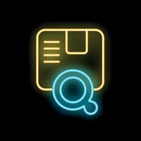 Neon icon of magnifying glass focusing on floppy disk representing data analysis vector