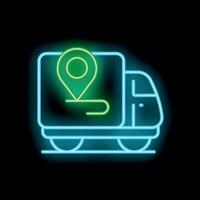 Neon sign showing delivery truck with location pin on map vector