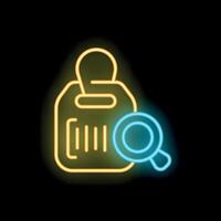 Neon icon of magnifying glass hovering over a barcode for product search concept vector