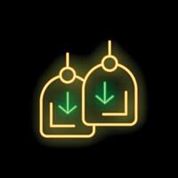 Neon icon of two tags with download arrows representing downloading files vector