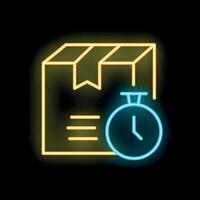 Neon sign representing a cardboard box with a stopwatch showing time passing by vector