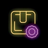 Neon sign of a cardboard package with a warranty seal representing online shopping guarantee vector