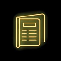 Yellow neon sign of open book icon glowing on black background vector
