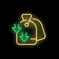 Neon sign of luggage with download arrows pointing down on it on black background vector