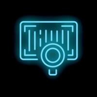 Neon icon of magnifying glass focusing on bar code for retail and inventory vector