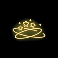 Neon yellow galaxy icon with stars orbiting around center on black background vector