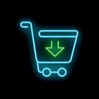Neon shopping cart with down arrow showing price drop concept vector