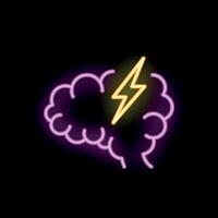 Neon sign representing a brainstorm with a lightning bolt through a brain vector