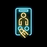 Neon sign of finger pressing button on smartphone for online voting app vector