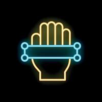 Neon icon of hand holding digital device connected online vector