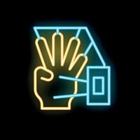 Glowing neon icon of hand using biometric scanner for security access vector