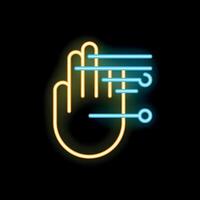Neon icon of hand scanning with digital lines for biometric access vector