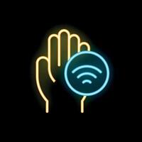 Neon icon of hand holding wifi symbol representing mobile hotspot concept vector